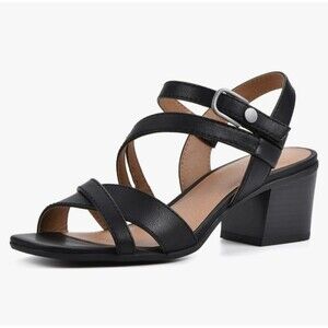 Woman's Block Heel Strappy Sandal Black Shoe Size 7.5  2.5" heel NEW
